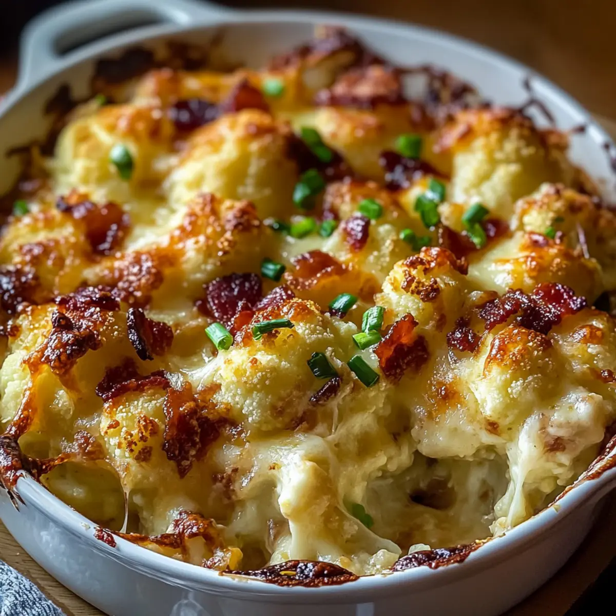Caramelized Onion & Bacon Cauliflower Cheese Bake