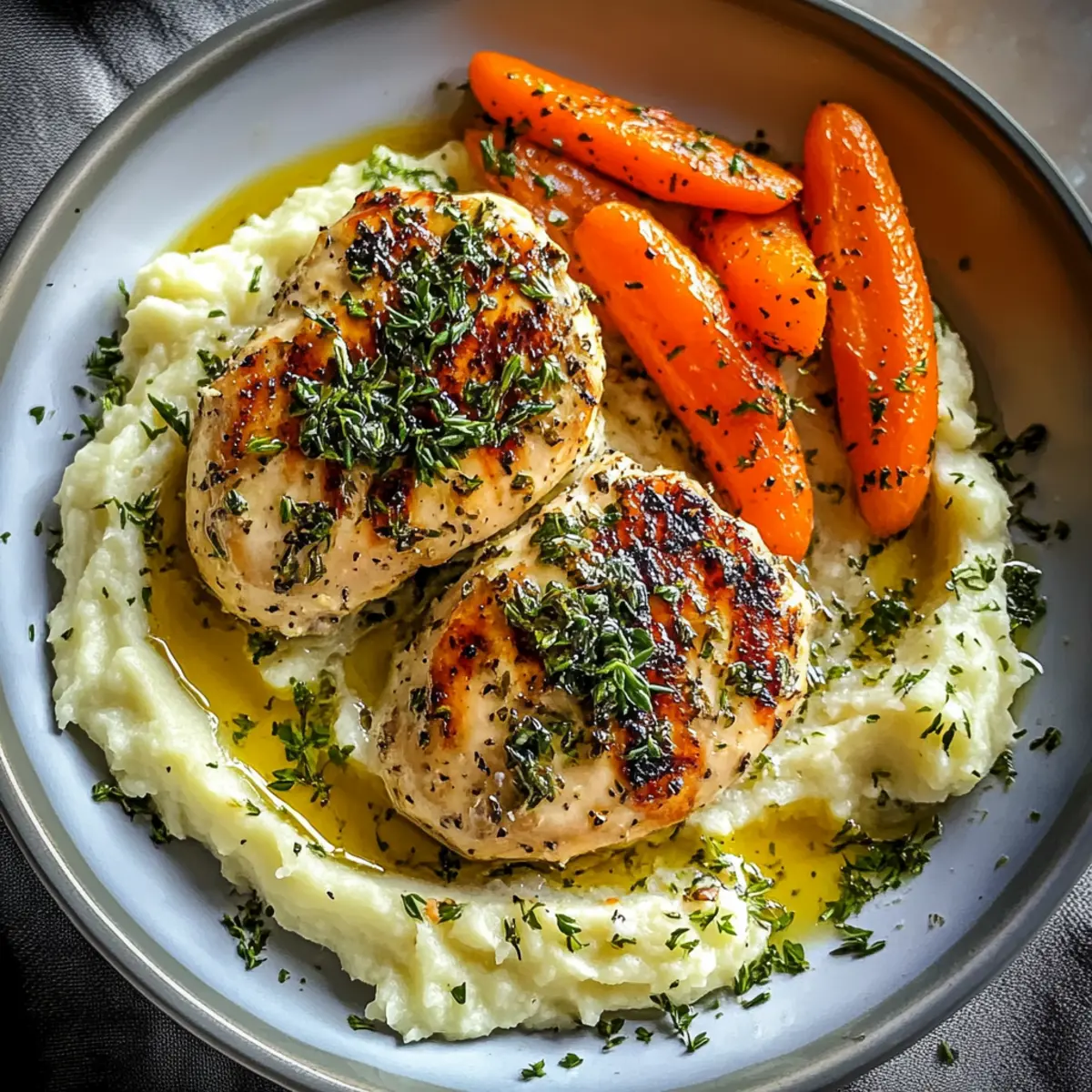 Garlic Herb Chicken with Creamy Mash & Roasted Carrots